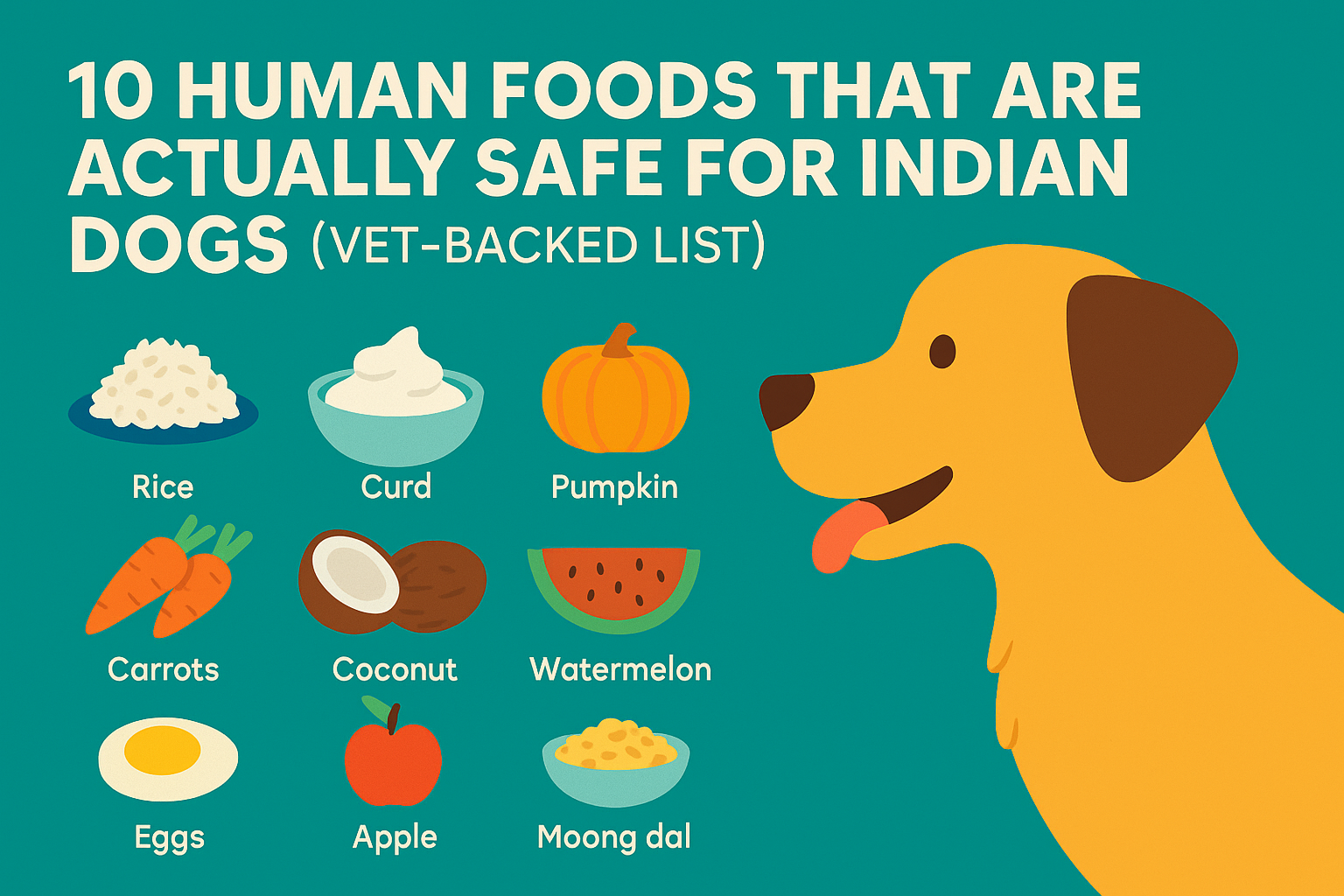 llustration of healthy Indian foods that are safe for dogs, including rice, paneer, carrots, and coconut — for Tailwise blog on pet nutrition.
