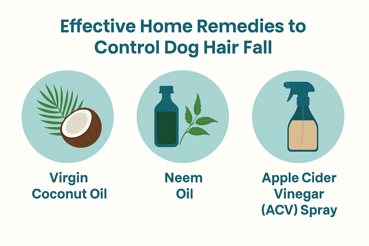 Flat digital illustration infographic titled "Effective Home Remedies for Dog Hair Fall (Indian Context)" featuring icons for coconut oil, neem rinse, apple cider vinegar spray, regular brushing, balanced diet, hydration, parasite control, and stress relief — all tailored for Indian pet care.